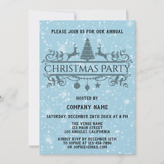 Elegant Blue Company Holiday Christmas Party Snow Invitation (Front)