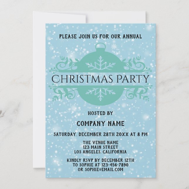 Elegant Blue Company Holiday Christmas Party Snow Invitation (Front)