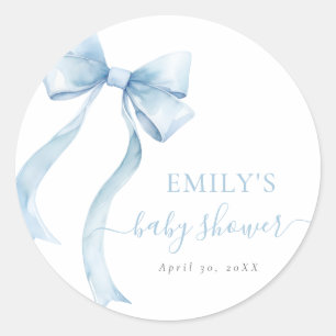 Elegant Blue Coquette Bow Boy Baby Shower Classic Round Sticker