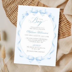 Elegant Blue Coquette Bow Boy Baby Shower Invitation