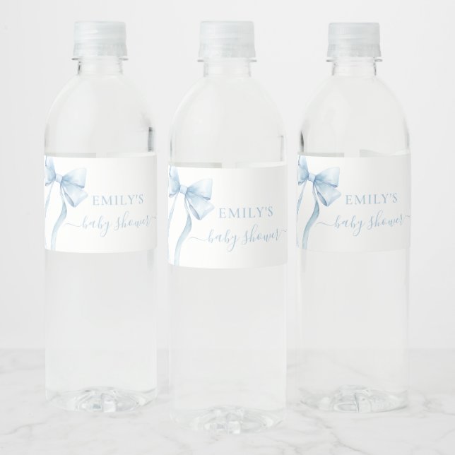 Elegant Blue Coquette Bow Boy Baby Shower Water Bottle Label (Bottles)
