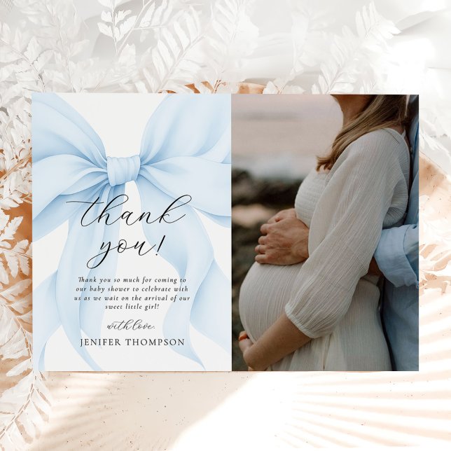 Elegant Blue Coquette Bow Girl Baby Shower Photo Thank You Card (Creator Uploaded)