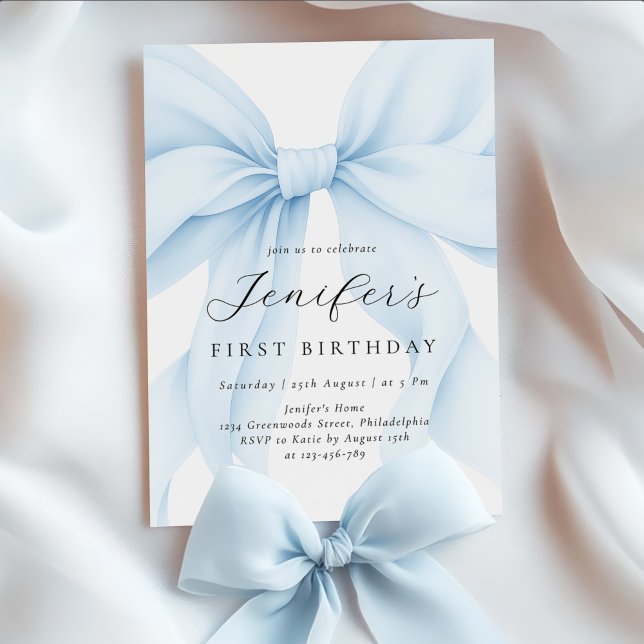 Elegant Blue Coquette Bow Girl Birthday Party Invitation (Creator Uploaded)