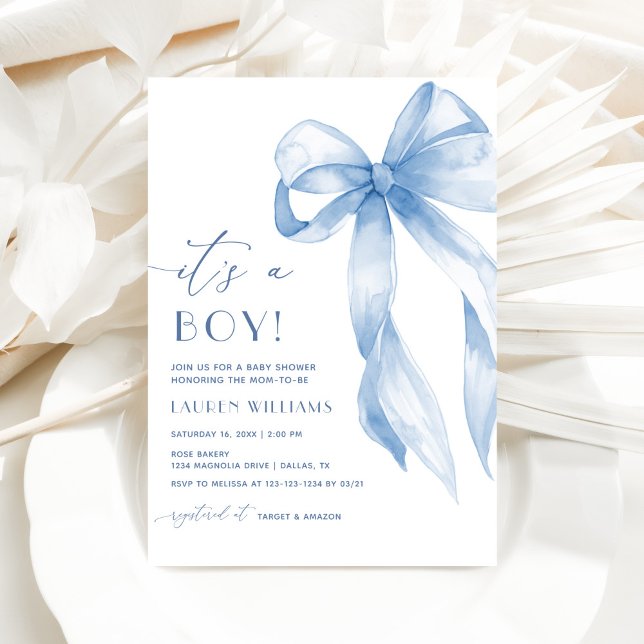Elegant Blue Coquette Bow Its A Boy Baby Shower Invitation (Creator Uploaded)