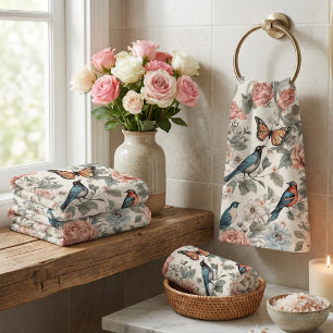 Elegant Blue & Coral Birds Floral Bath Towel Set