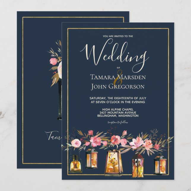 Elegant Blue Coral Floral Lights Wedding Invitation (Front/Back)