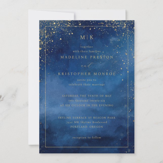 Elegant Blue Cosmic Stars Invitation (Front)