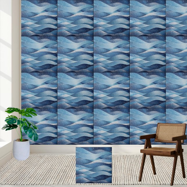 Elegant Blue Cosmic Waves - Starry Night Ocean Tile (Elegant Blue Cosmic Waves - Starry Night Ocean Ceramic Tile)