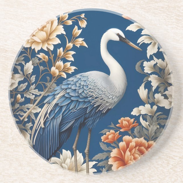Elegant Blue Crane William Morris Inspired Coaster (Front)