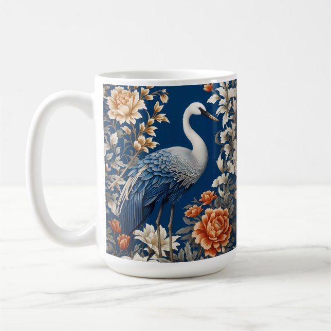 Elegant Blue Crane William Morris Inspired Coffee Mug (Left)