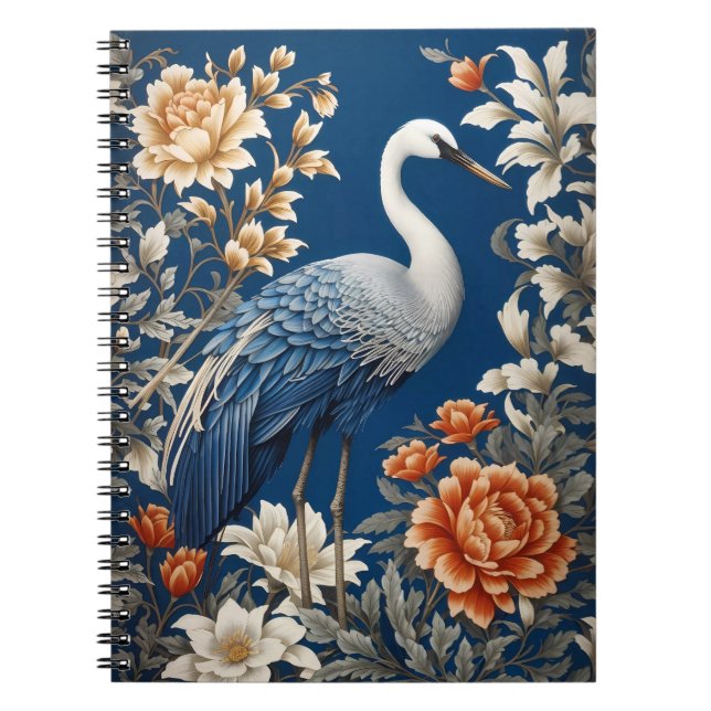 Elegant Blue Crane William Morris Inspired Notebook (Front)