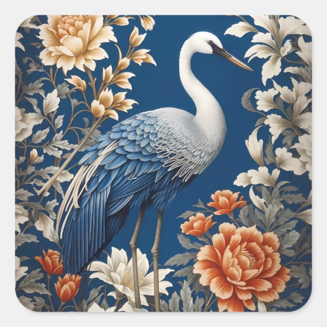 Elegant Blue Crane William Morris Inspired Square Sticker (Front)