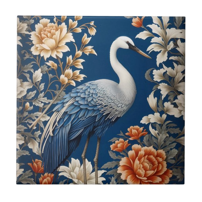 Elegant Blue Crane William Morris Inspired Tile (Front)