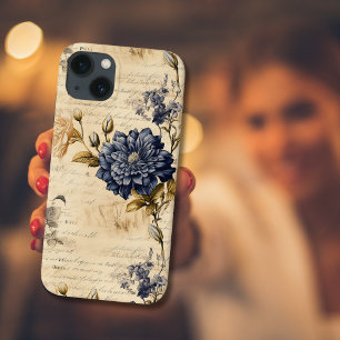 Elegant Blue Cream Floral Pattern iPhone 13 Case