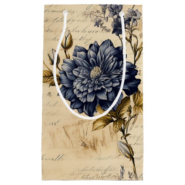 Elegant Blue Cream Floral Pattern Small Gift Bag (Front)