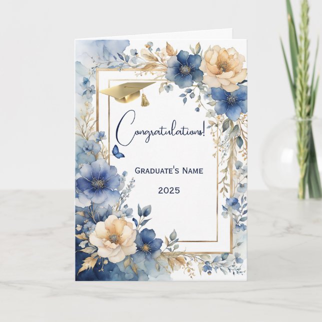 Elegant Blue Cream Floral Personalised Graduation Card (Front)