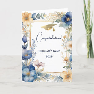 Elegant Blue Cream Flowers Personalised Graduation Card