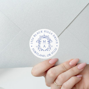 Elegant Blue Crest Wedding Return Address Classic Round Sticker