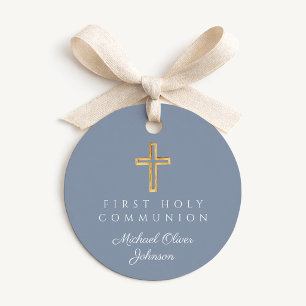 Elegant Blue Cross Boy First Communion Round Favour Tags