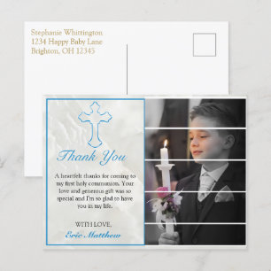Elegant Blue Cross Holy Communion Photo Thank You Postcard