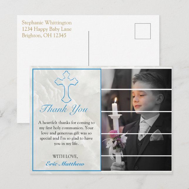 Elegant Blue Cross Holy Communion Photo Thank You Postcard (Front/Back)