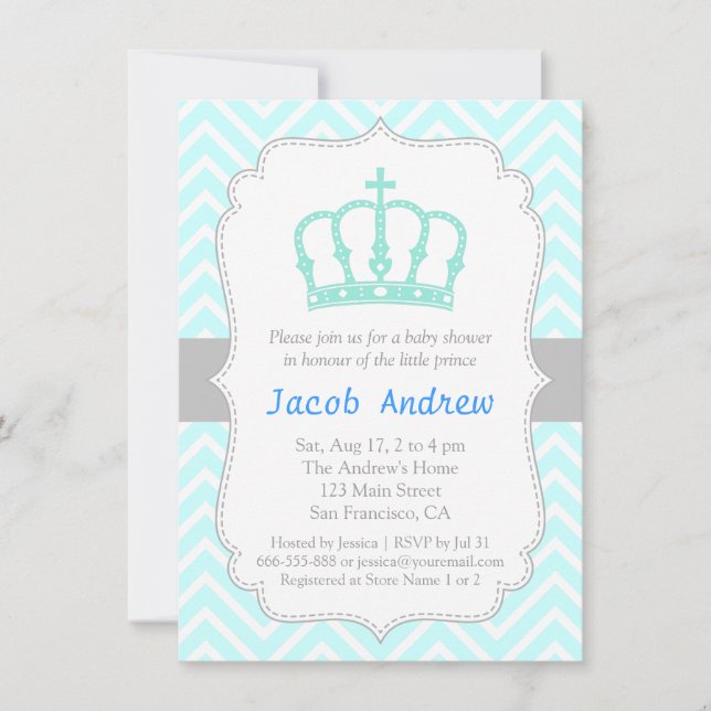 Elegant Blue Crown Prince Baby Shower Invitation (Front)