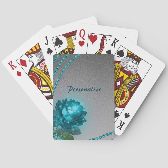 Elegant Blue Crystal Flower Pearls Chic Playing Cards (Back)