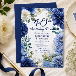Elegant Blue Dahlia Floral 40th Birthday Party Invitation