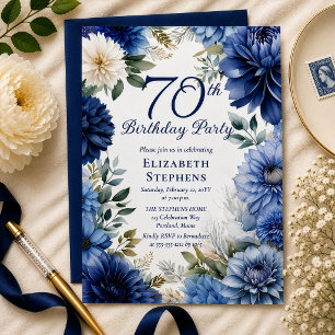 Elegant Blue Dahlia Floral 70th Birthday Party Invitation