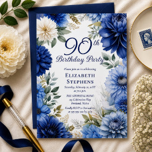 Elegant Blue Dahlia Floral 90th Birthday Party Invitation