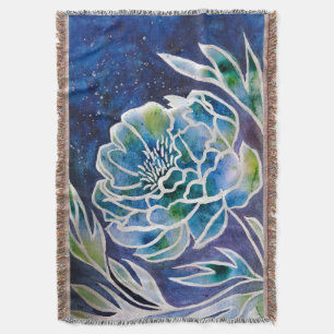 Elegant Blue Dahlia Navy Teal Floral Watercolor  Throw Blanket