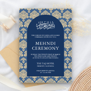 Elegant Blue Damask Arch Islamic Mehndi Ceremony Enclosure Card