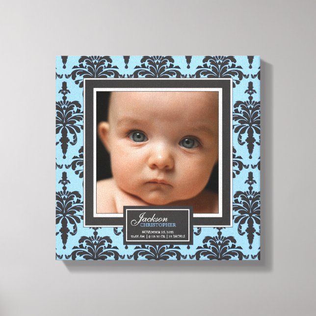 Elegant Blue Damask Baby Photo Birth Decor (Front)