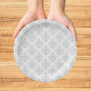 Elegant Blue Damask Bridal Shower Paper Plate