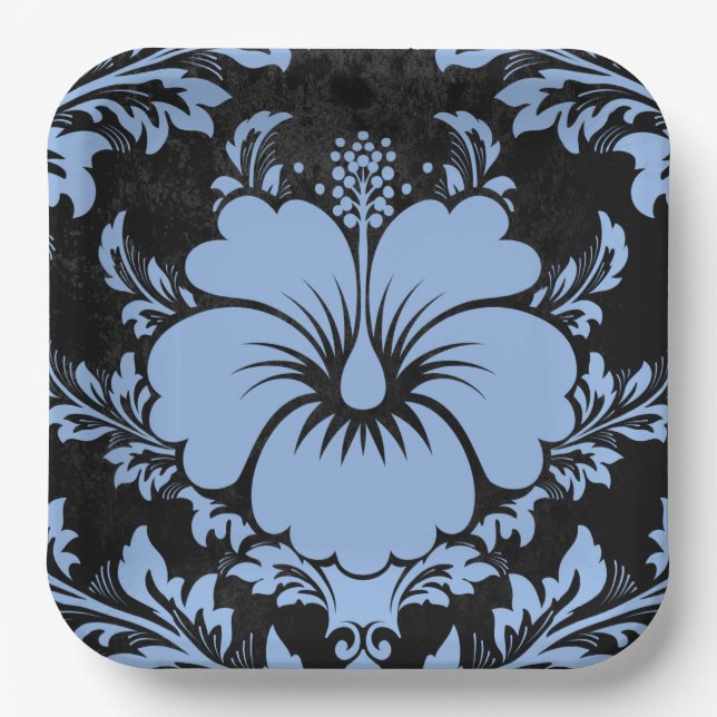 Elegant blue damask Christmas custom Paper Plates (Front)