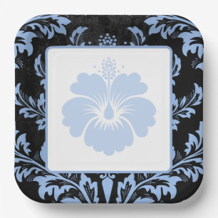 Elegant blue damask Christmas custom Paper Plates