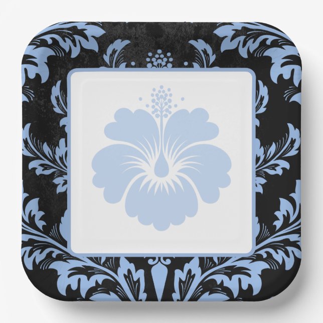 Elegant blue damask Christmas custom Paper Plates (Front)