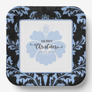 Elegant blue damask Christmas custom Paper Plates