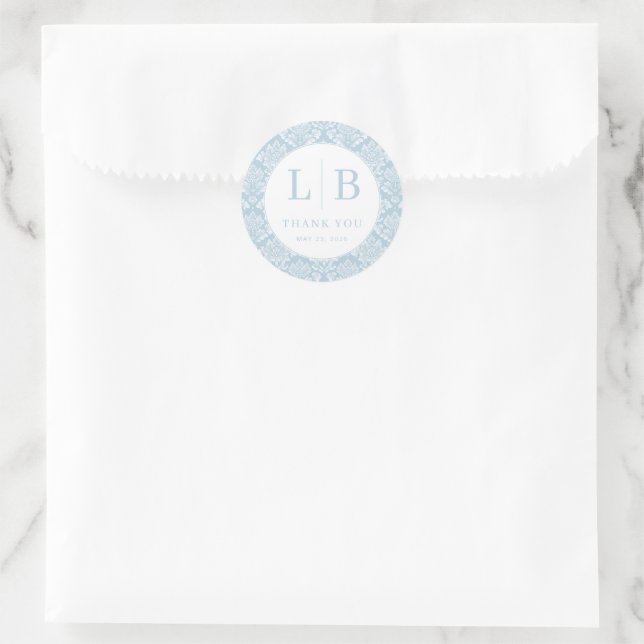 Elegant Blue Damask Floral Classic Round Sticker (Bag)