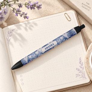 Elegant Blue Damask French Toile Monogram Black Ink Pen