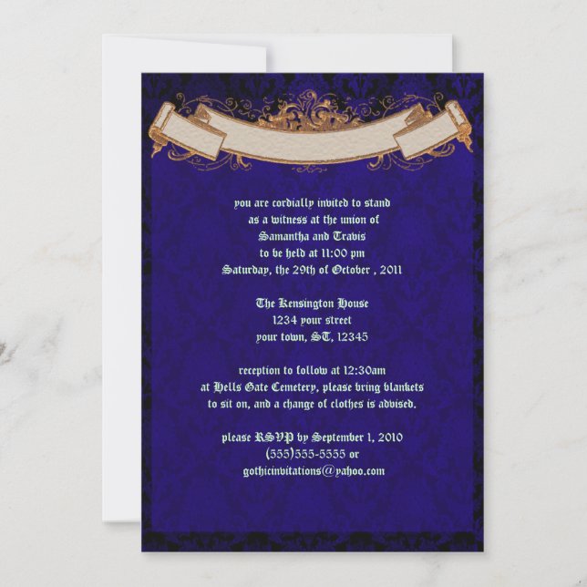 Elegant Blue Damask Goth Wedding Invitation (Front)