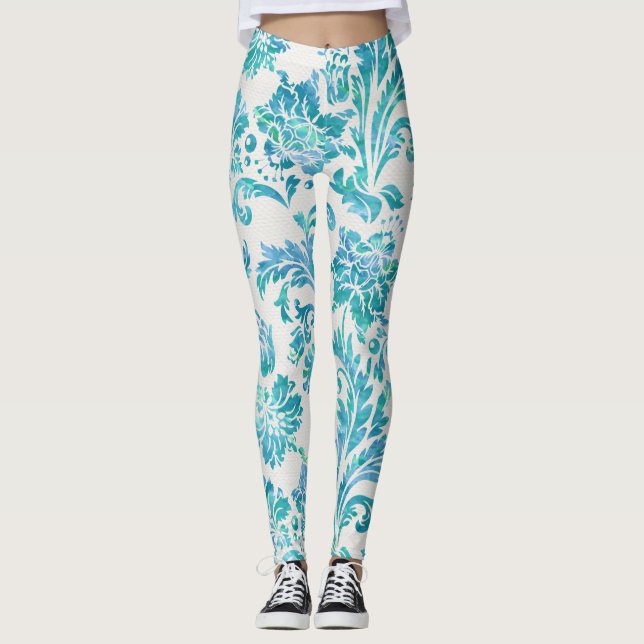 Elegant Blue Damask Pattern Leggings (Front)