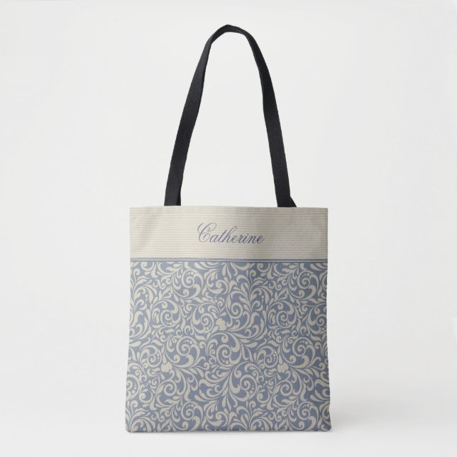 Elegant Blue Damask Pattern with Custom Text Tote Bag (Front)