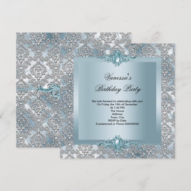 Elegant Blue Damask Silver Birthday Party Invitation (Front/Back)