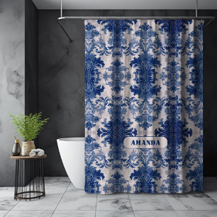 Elegant Blue Damask Toile de Jouy Monogram Shower Curtain