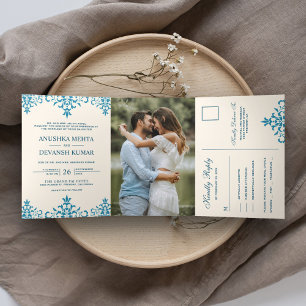 Elegant Blue Damask Traditional Indian Wedding Tri-Fold Invitation