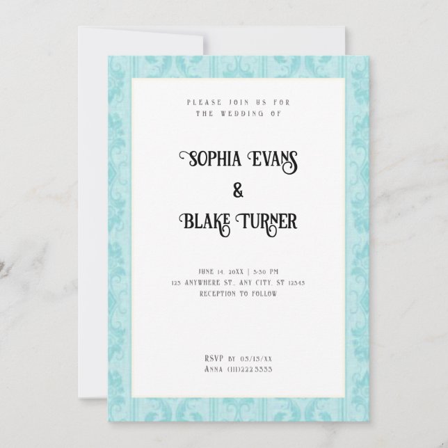 Elegant Blue Damask Traditional White Wedding Invitation (Front)