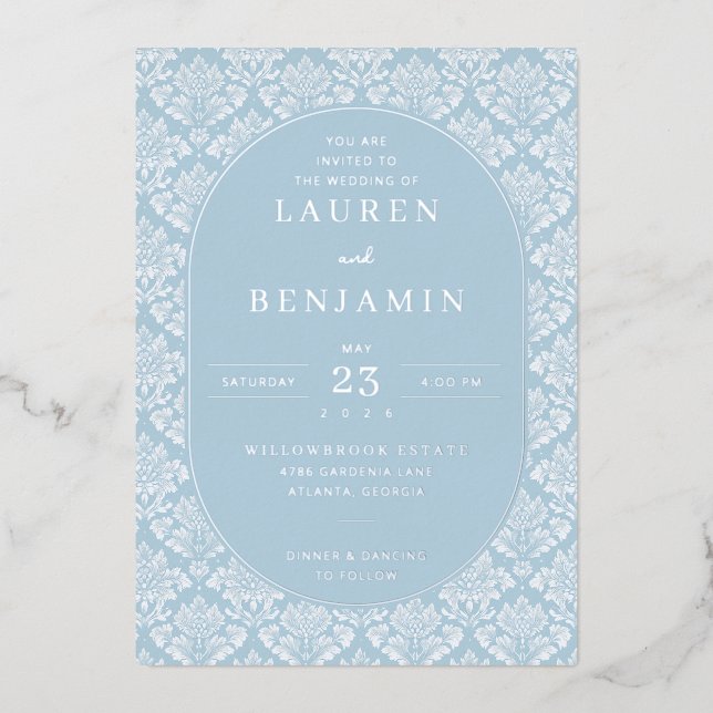 Elegant Blue Damask Wedding Invitation (Front)