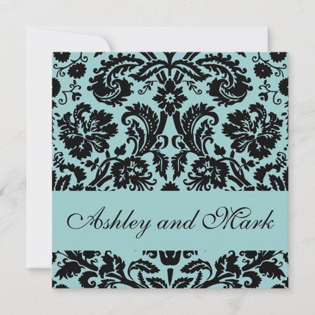 Elegant Blue  Damask Wedding Invitation (Front)