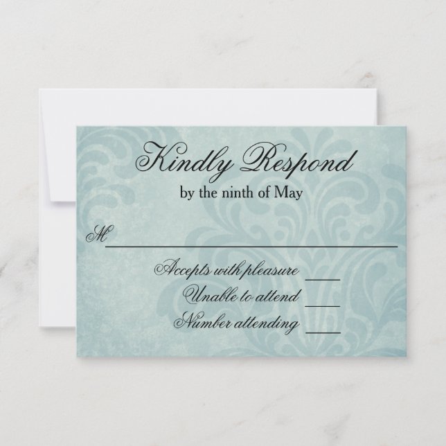 Elegant Blue Damask Wedding RSVP Card (Front)